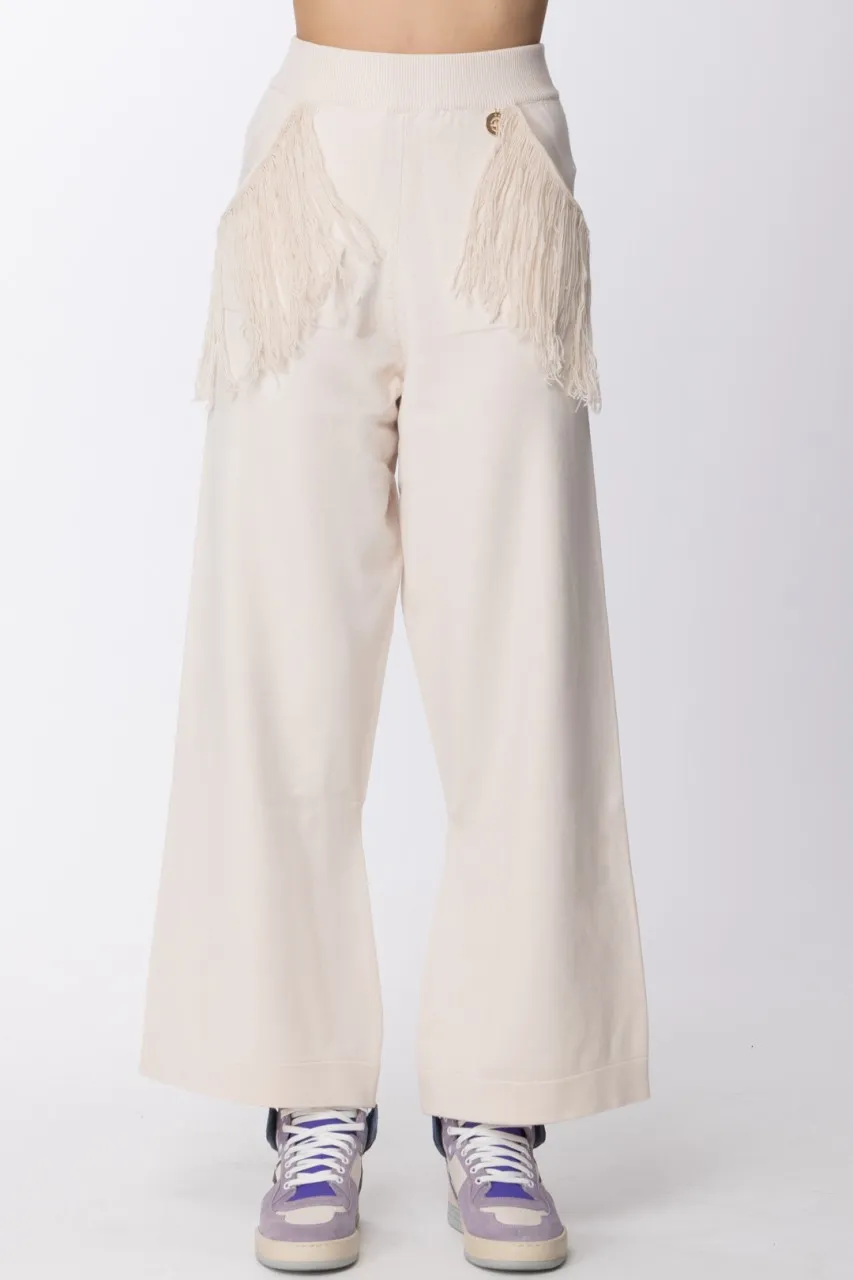Pantaloni joggers a palazzo con frange Avorio