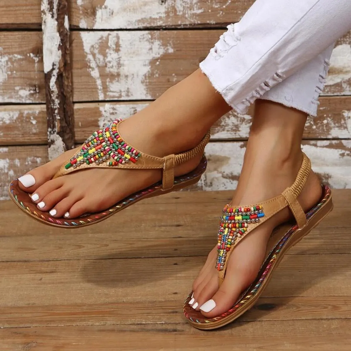 Sandali piatti stile bohemien per donna Estate 2023 Sandali gladiatore con punta clip Donna Plus Size Scarpe da spiaggia con fon